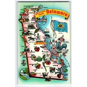 Map Postcard Greetings From Delaware State Tichnor Bros Chrome Vintage Retro